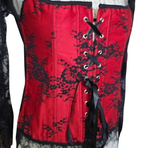 Women's Size 2XL Red Black 3/4 Lace Sleeves Renaissance Hook Close Corset Top - Picture 4 of 6